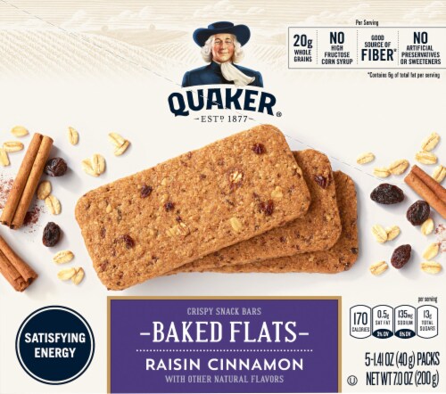 Quaker Baked Flats Raisin Cinnamon Crispy Snack Bars Perspective: front