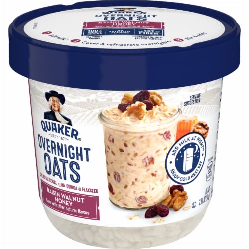 Quaker Overnight Oats Raisin Walnut Honey Chilled Oatmeal Breakfast Cup Perspective: front