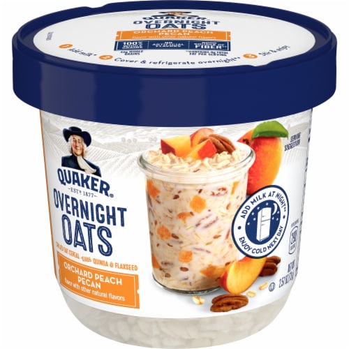 Quaker Overnight Oats Orchard Peach Pecan Chilled Oatmeal Breakfast Cup Perspective: front