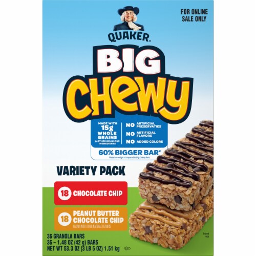 Quaker Big Chewy Chocolate Chip & Peanut Butter Granola Bars Variety Pack Perspective: front