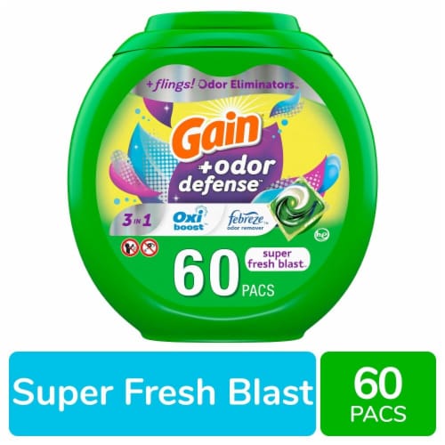 Gain Flings with Odor Defense Super Fresh Blast Laundry Detergent Pacs Perspective: front