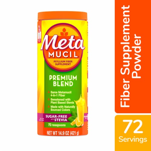 Metamucil Psyllium Fiber Supplement Premium Blend Sugar Free with Stevia Orange Powder Perspective: front