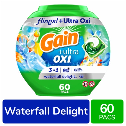 Gain Flings Ultra Oxi Waterfall Delight Liquid Laundry Detergent Pacs Perspective: front