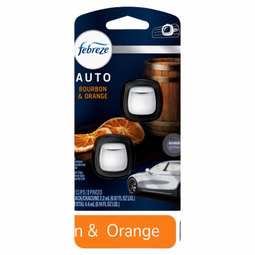 Febreze AUTO Air Freshener Odor-Fighting Automotive Vent Clip Bourbon & Orange Scent Perspective: front