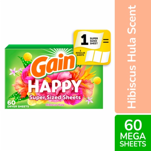 Gain Happy Hibiscus Hula Mega Dryer Sheets Perspective: front