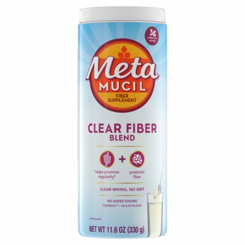 Metamucil® Fiber Supplement Unflavored Clear Mixing Powder Plant Based Prebiotic Daily Fiber Blend Perspective: front