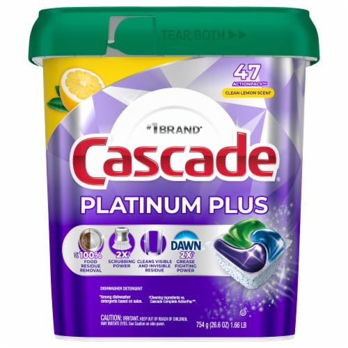 Cascade® Auto Dishwashing Pouch with Liquid & Powder Lemon Scent Perspective: front