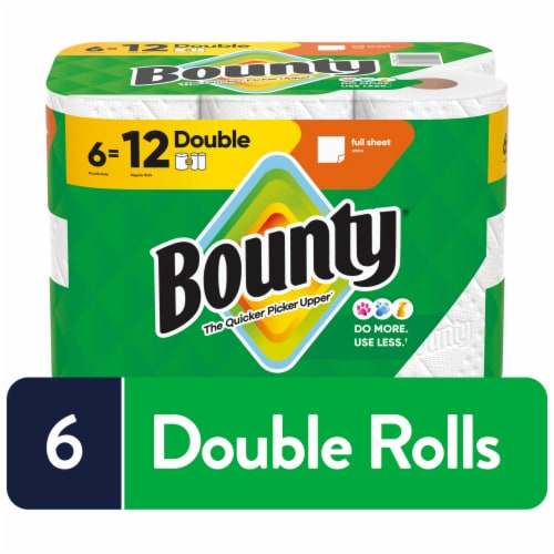 Bounty Paper Towels Full Sheet White, 6 Double Rolls, 50 Sheets Per Roll Perspective: front