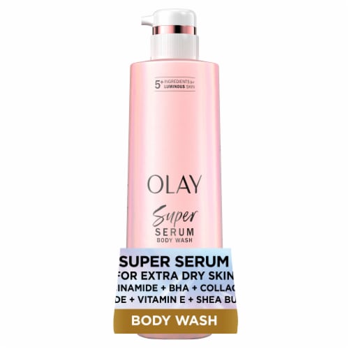Olay Super Serum Body Wash for Extra Dry Skin, 18.5 fl oz, Serum Complex for Luminous Skin Perspective: front
