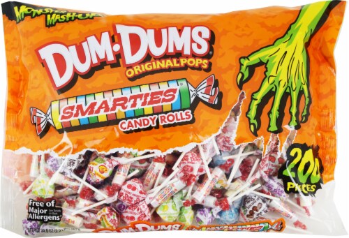 Dum Dums & Smarties Candy Rolls & Original Pops Halloween Candy Perspective: front