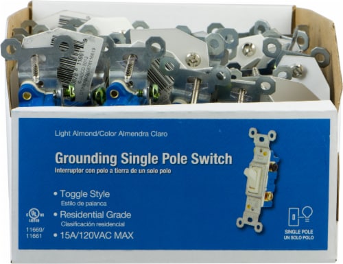 GE 15A/120VAC Grounding Single Pole Toggle Switch - Light Almond Perspective: front