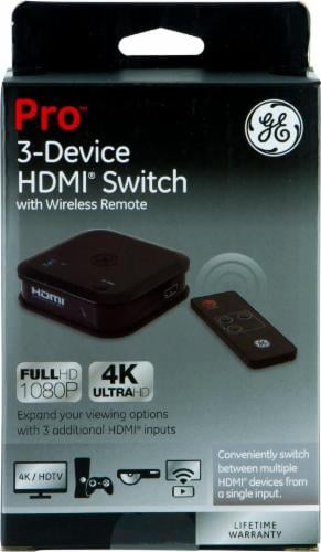 GE Pro 3-Device HDMI Switch with Wireless Remote - Black Perspective: front