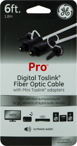 GE Pro Digital Toslink Fiber Optic Cable with Mini Toslink Adapters - Clear Perspective: front