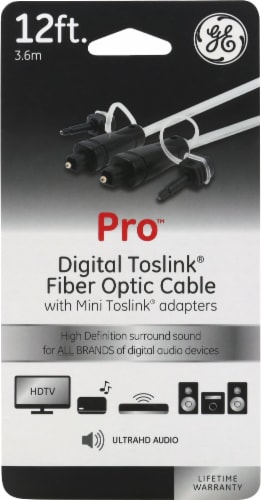 GE Pro Digital Toslink Fiber Optic Cable with Mini Toslink Adapters - Clear Perspective: front