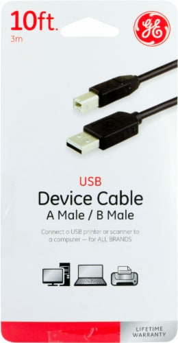 GE USB A Male and B Male Device Cable - Black Perspective: front