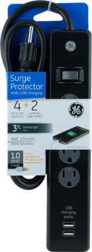 GE 4 Outlet and USB Charging Surge Protector - Black Perspective: front