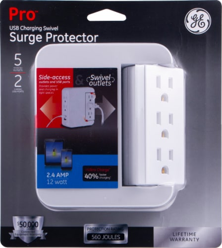GE 5 Outlet Swivel Surge Protector with USB Perspective: front