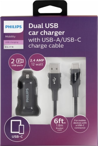 Philips Charging Pack 1 DC Charger 2 USB 2.4A & 1USB-A-C Cable Braided Perspective: front