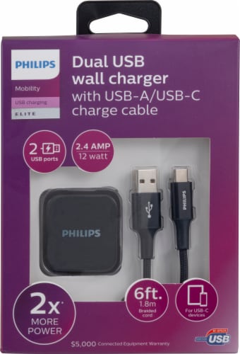 Philips AC Charger With USB A-C Cable 2 Ports 2.4A Braided Perspective: front