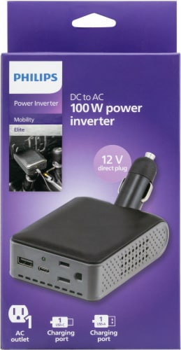 Philips Direct Plug Power Inverter 1 AC Outlet 1 USB-A 1 USB-C 100W Perspective: front