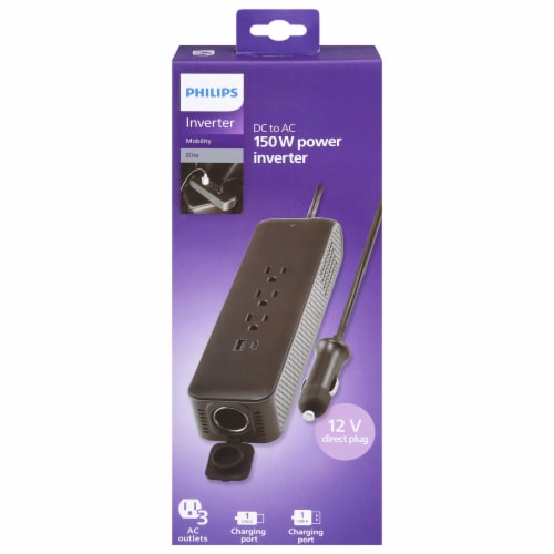 Philips Direct Plug Power Inverter 3 AC Outlets 1 USB-A 1 USB-C 175W Perspective: front