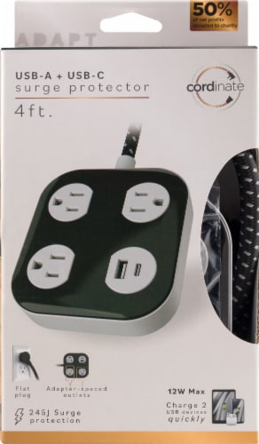 Cordinate Three Outlet USB-A USB-C Surge Protector Perspective: front