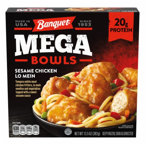 Banquet Mega Bowls Sesame Chicken Lo Mein Frozen Meal Perspective: front