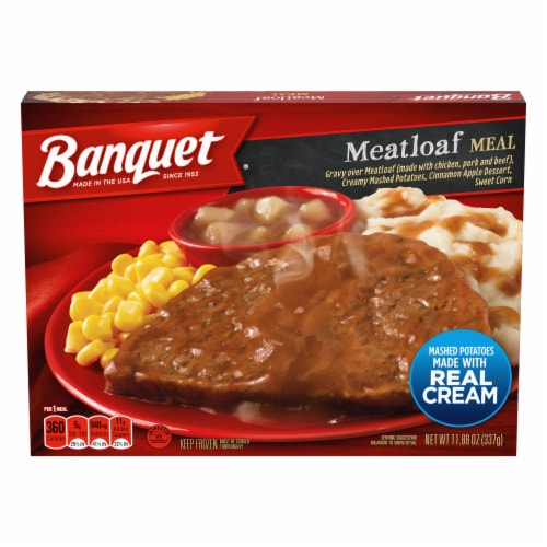 Banquet Meatloaf With Creamy Mashed Potatoes And Cinnamon Apple Dessert Frozen Meal Perspective: front