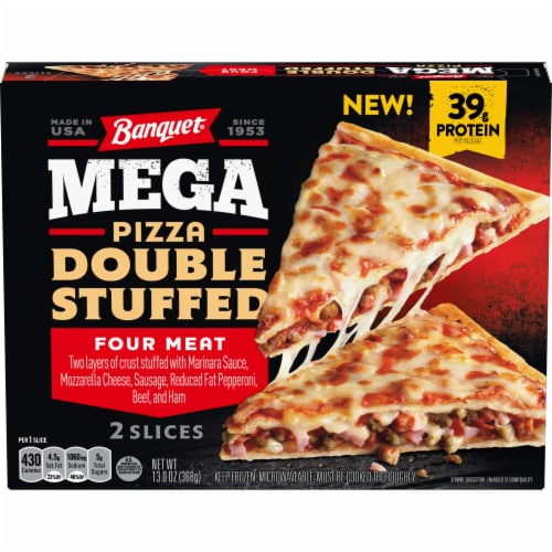 Banquet Mega Pizza Double Stuffed Four Meat Frozen Pizza Slices Perspective: front