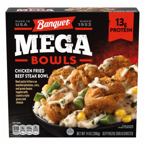 Banquet Mega Bowls Chicken Fried Beef Steak Frozen Meal Perspective: front