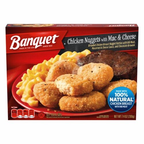 Banquet Chicken Nuggets With Mac And Cheese And Brownie Frozen Meal Perspective: front