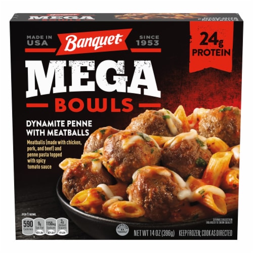 Banquet Mega Bowls Dynamite Penne And Meatballs Frozen Meal Perspective: front