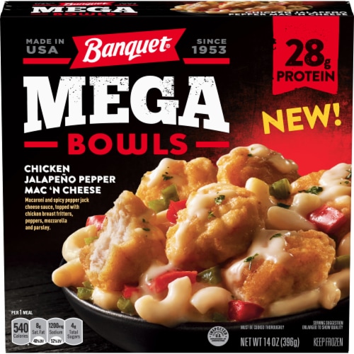Banquet Mega Bowls Chicken Jalapeno Pepper Mac 'N Cheese Frozen Meal Perspective: front