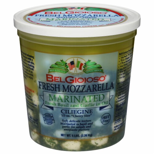 BelGioioso® Basil & Garlic Marinated Mozzarella Cheese Perspective: front