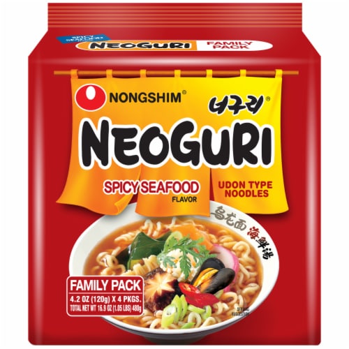Nongshim Neoguri Spicy Seafood Flavor Udon Type Noodles Family Pack 4 Count Perspective: front