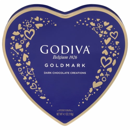 Godiva Goldmark Dark Chocolate Creations Valentine's Day Heart-Shaped Chocolate Candy Tin Perspective: front