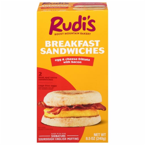 Rudi's Egg & Cheese Frittata with Bacon on Sourdough English Muffin Breakfast Sandwiches Perspective: front
