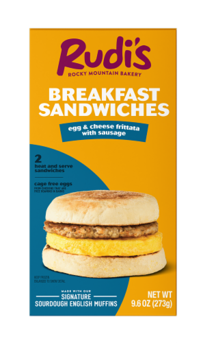 Rudi's Egg & Cheese Frittata with Sausage on Sourdough Breakfast Sandwiches Perspective: front