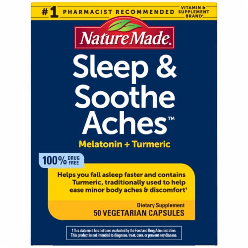 Nature Made® Sleep & Soothe Aches™ Melatonin + Tumeric Vegetarian Capsules Perspective: front