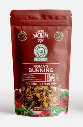 Roma's Burning - 2oz Salt Free & Gluten Free | Roasted Roma Tomato Dip Mix and Spread Perspective: front
