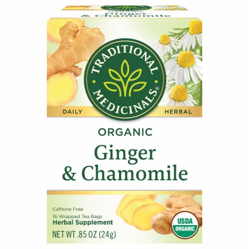 Traditional Medicinal Organic Ginger with Chamomile Tea Bags Perspective: front