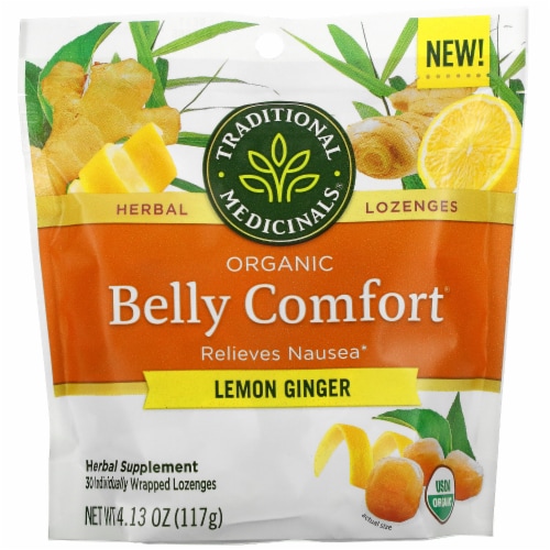 Traditional Medicinals Organic Lemon Ginger Belly Comfort Herbal Lozenges Perspective: front