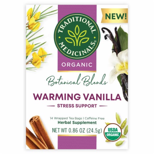 Traditional Medicinals Botanical Blends Warming Vanilla Stress Support Herbal Tea Perspective: front