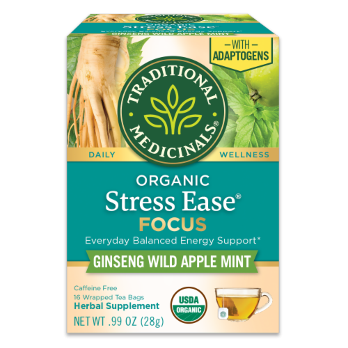 Traditional Medicanals® Organic Stress Ease Focus Ginseng Wild Apple Mint Herbal Tea Bags Perspective: front