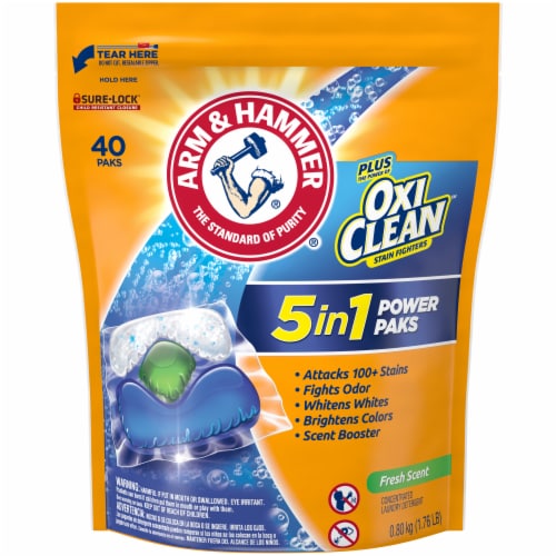 Arm & Hammer Plus Oxi Clean 5 in 1 Power Paks Fresh Scent Concentrated Laundry Detergent Pods Perspective: front