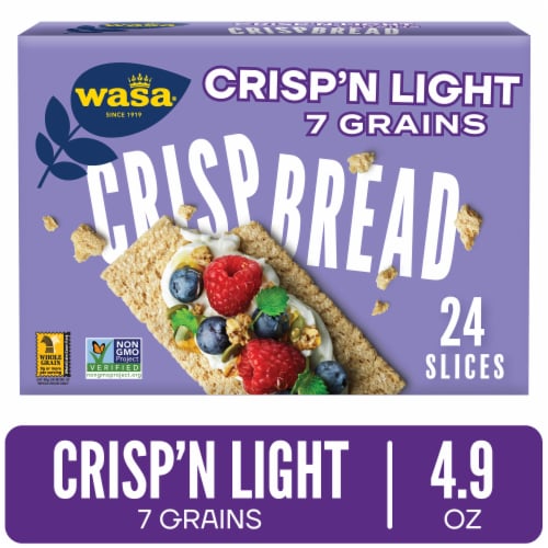 Wasa Crisp’n Light Seven Grains Crispbread made with Non-GMO Ingredients Twenty Calories per Slice Perspective: front
