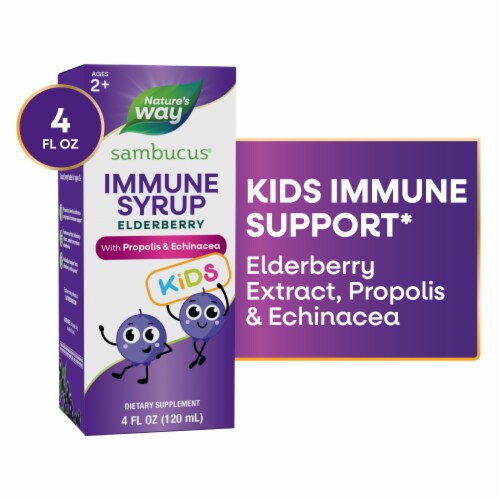 Nature's Way Sambucus Immune Kids Ages 2+ Elderberry Echinacea and Propolis Berry Flavored Syrup Perspective: front