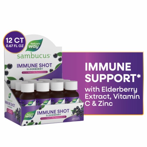 Nature's Way Sambucus Immune Elderberry Vitamin C Zinc Echinacea Propolis Immune Support Syrup Shot Perspective: front