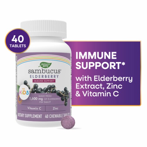 Nature’s Way Sambucus Kids Elderberry Immune with Vitamin C and Zinc Berry Flavored Chewable Tablets Perspective: front