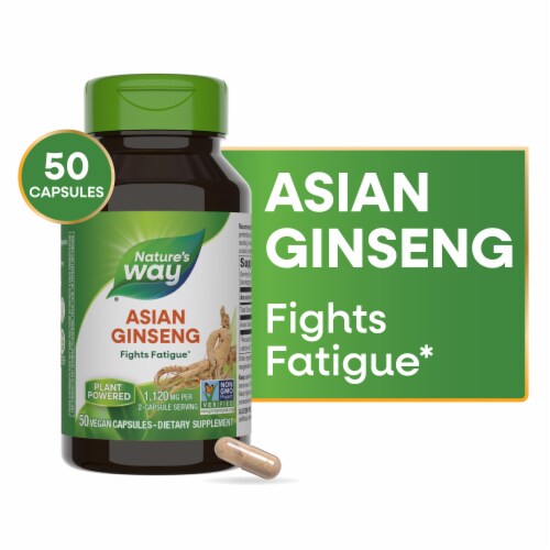 Nature's Way Asian Ginseng Fights Fatigue Capsules 1120mg Per 2 Capsule Serving Perspective: front